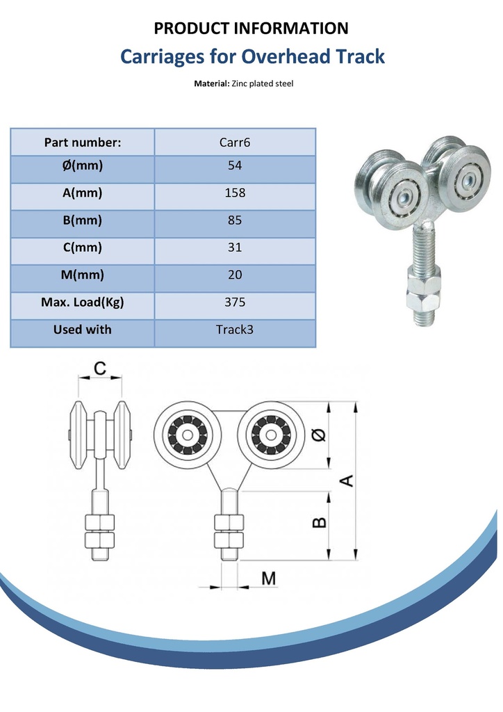 4-Wheel carriage for overhead track #3 (375kg each) Spec Sheet