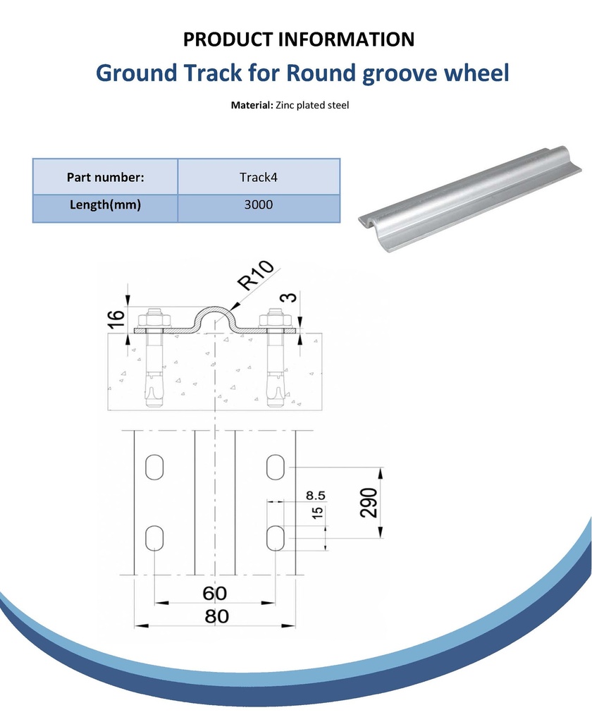55x16mm Ground track bolt-down for 20mm Round groove wheels (per metre) Spec Sheet