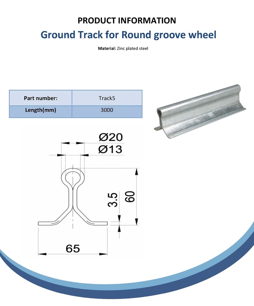 Ground track for 20mm round groove wheels for cement fixing (per mtr) Spec Sheet