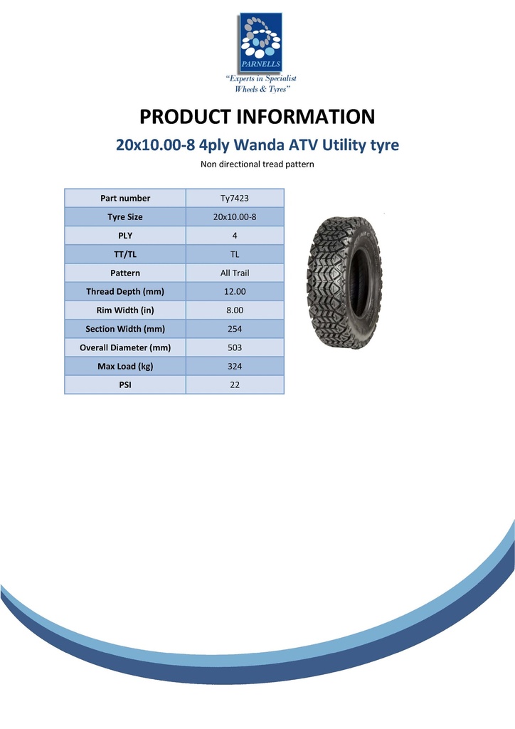 20x10.00-8 4pr Carlisle All trail utility tyre Spec Sheet