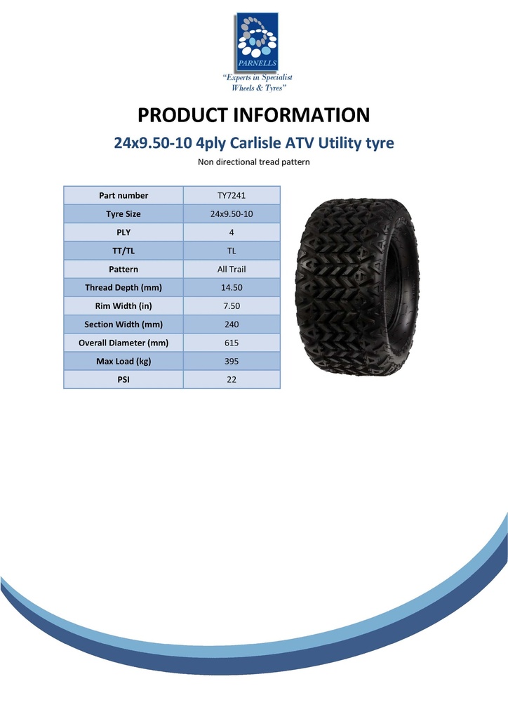 24x9.50-10 (240/75-10) 4pr Carlisle all trail tyre Spec Sheet