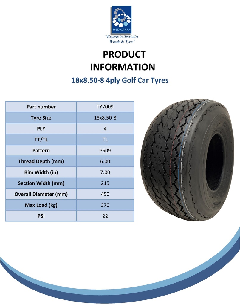 18x8.50-8 4pr Wanda P509 golf cart tyre TL Spec Sheet