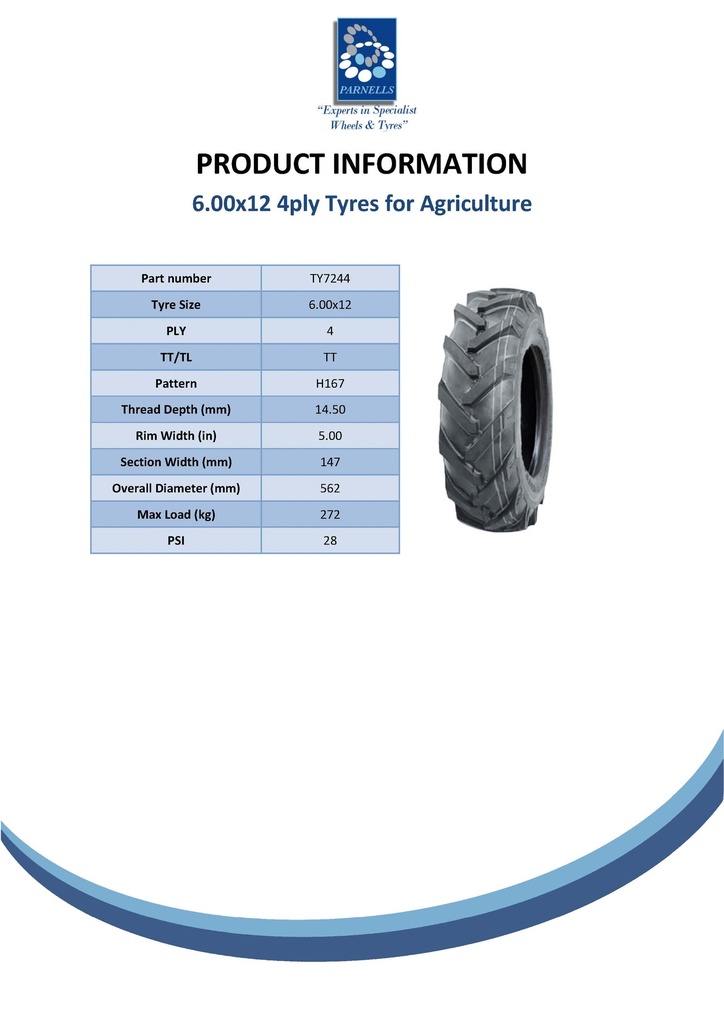 6.00x12 4pr Wanda H167 Open centre tyre TL Spec Sheet
