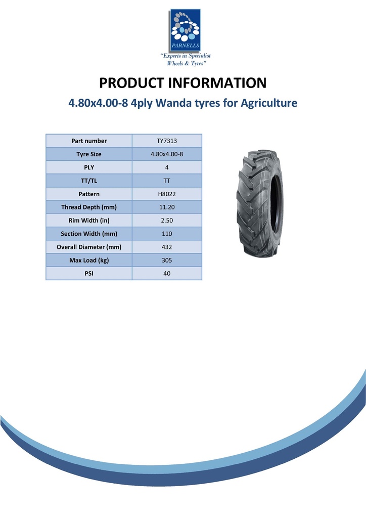 4.80/4.00-8 4pr Wanda H8022 open centre tyre Spec Sheet