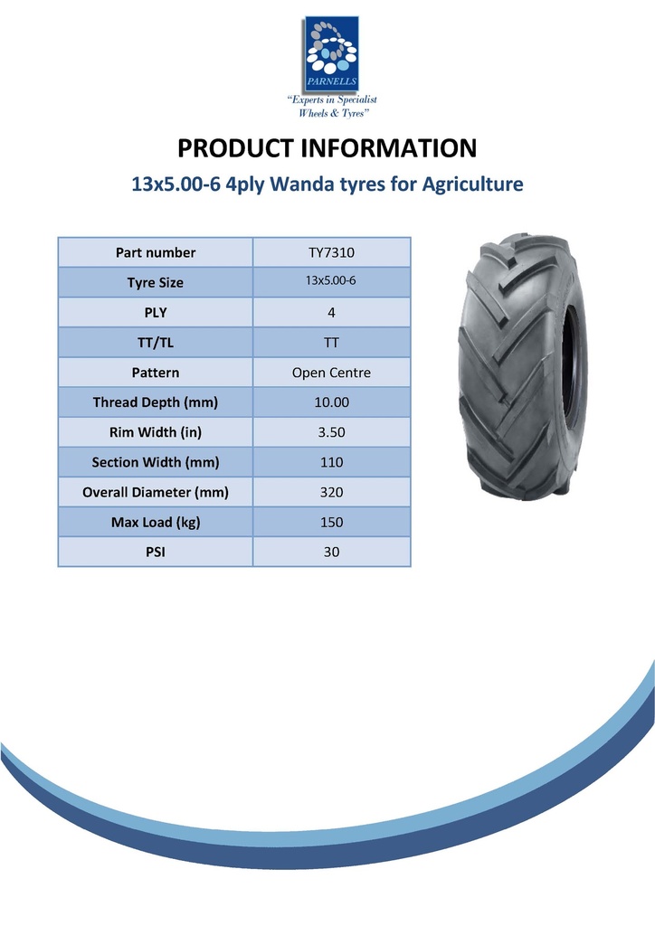 13x5.00-6 4pr Open Centre tyre TT Spec Sheet