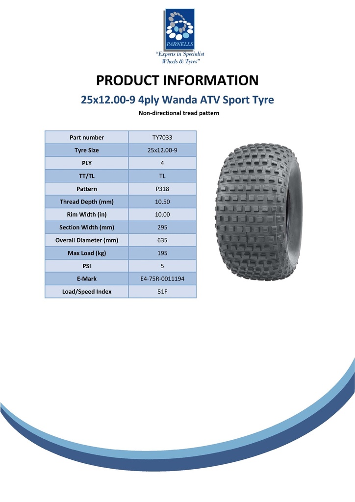 25x12.00-9 4pr Wanda P318 knobby tyre E-marked TL 51F Spec Sheet