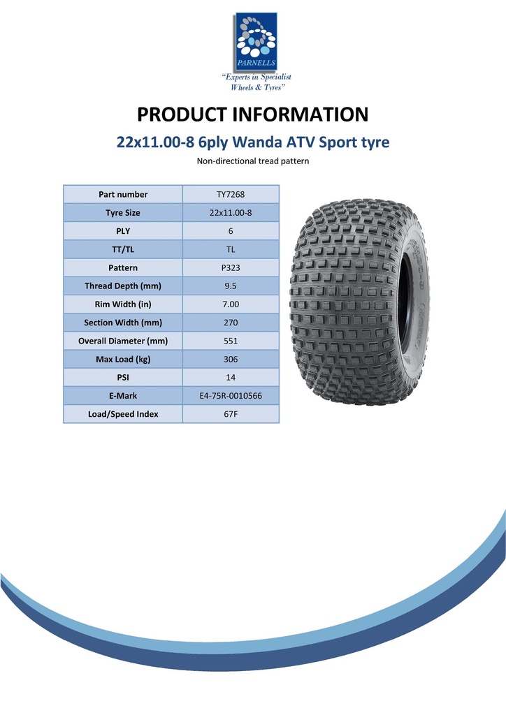 22x11.00-8 6pr Wanda P323 Knobby ATV tyre E-marked TL 67F Spec Sheet