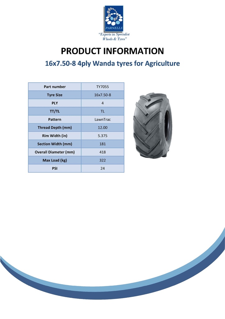 16x7.50-8 4pr OTR lawn trac tyre TL