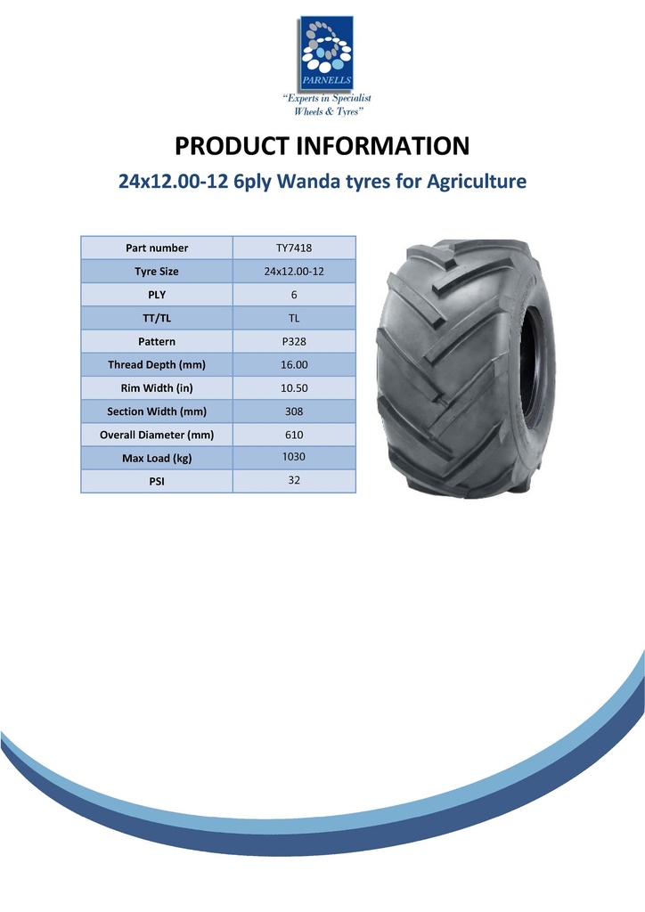 24x12.00-12 6pr Wanda P328 open centre tyre TL Spec Sheet