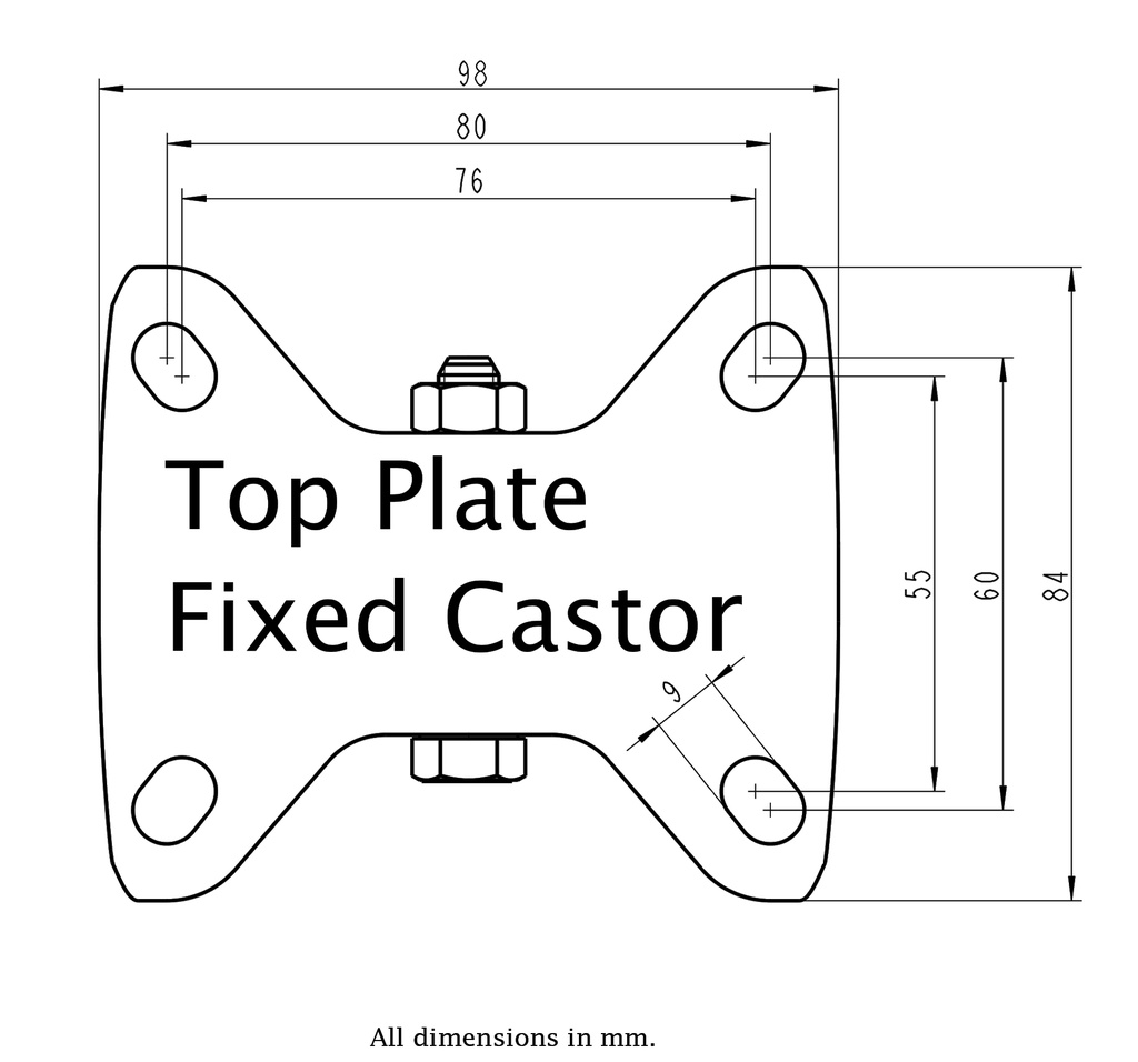300SS series 80mm stainless steel fixed top plate 98x84mm - Plate drawing