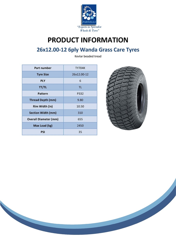 26x12.00-12 6pr Wanda P332 Kevlar grass tyre TL Spec Sheet
