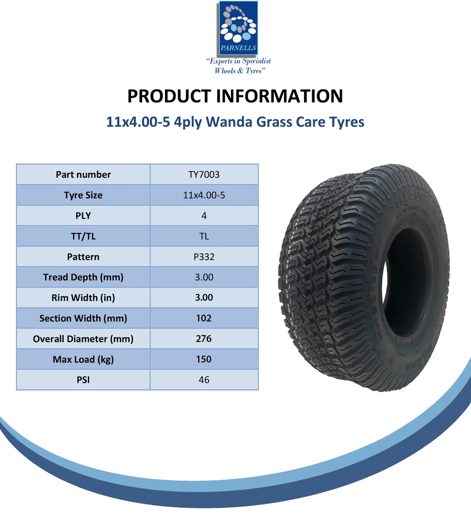 11x4.00-5 4pr Wanda P332 Grass tyre Spec Sheet