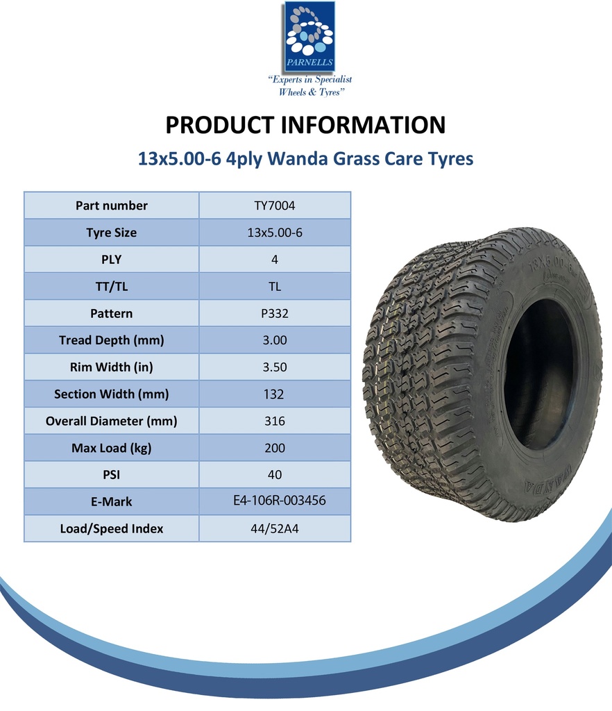 13x5.00-6 4pr Wanda P332 Grass tyre E-marked Spec Sheet