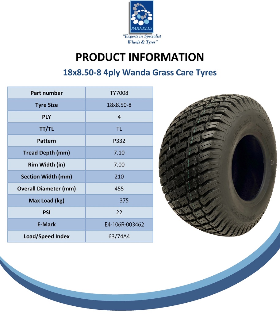 18x8.50-8 4pr Wanda P332 grass tyre E-marked Spec Sheet