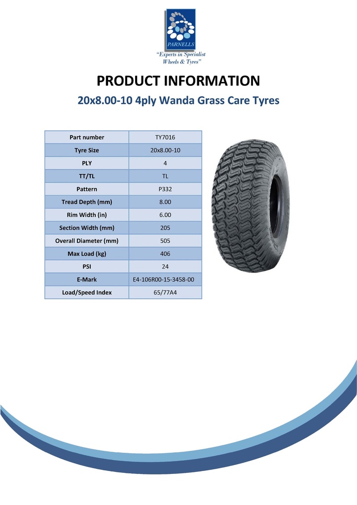 20x8.00-10 4pr Wanda P332 grass tyre Spec Sheet