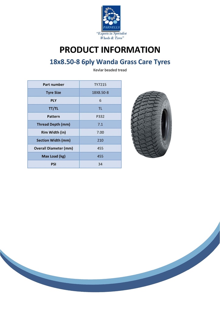 18x8.50-8 6pr Wanda P332 Kevlar grass tyre TL Spec Sheet