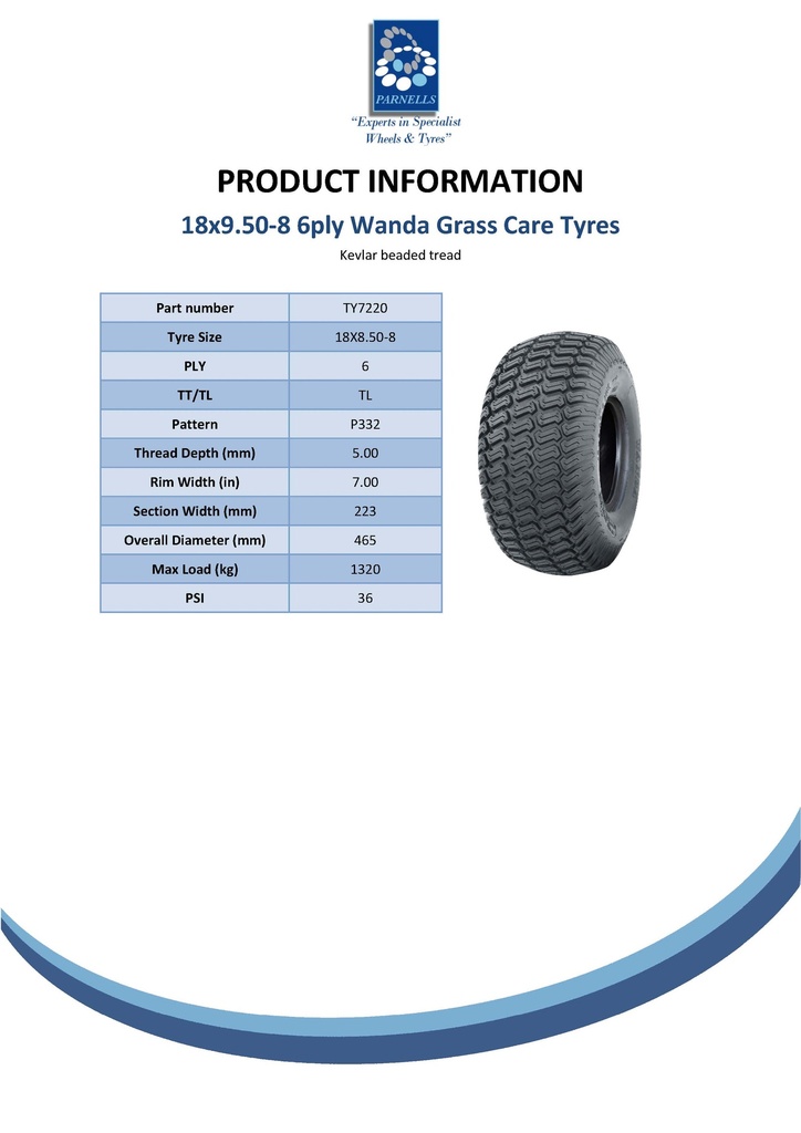 18x9.50-8 6pr Wanda P332 Kevlar grass tyre TL Spec Sheet