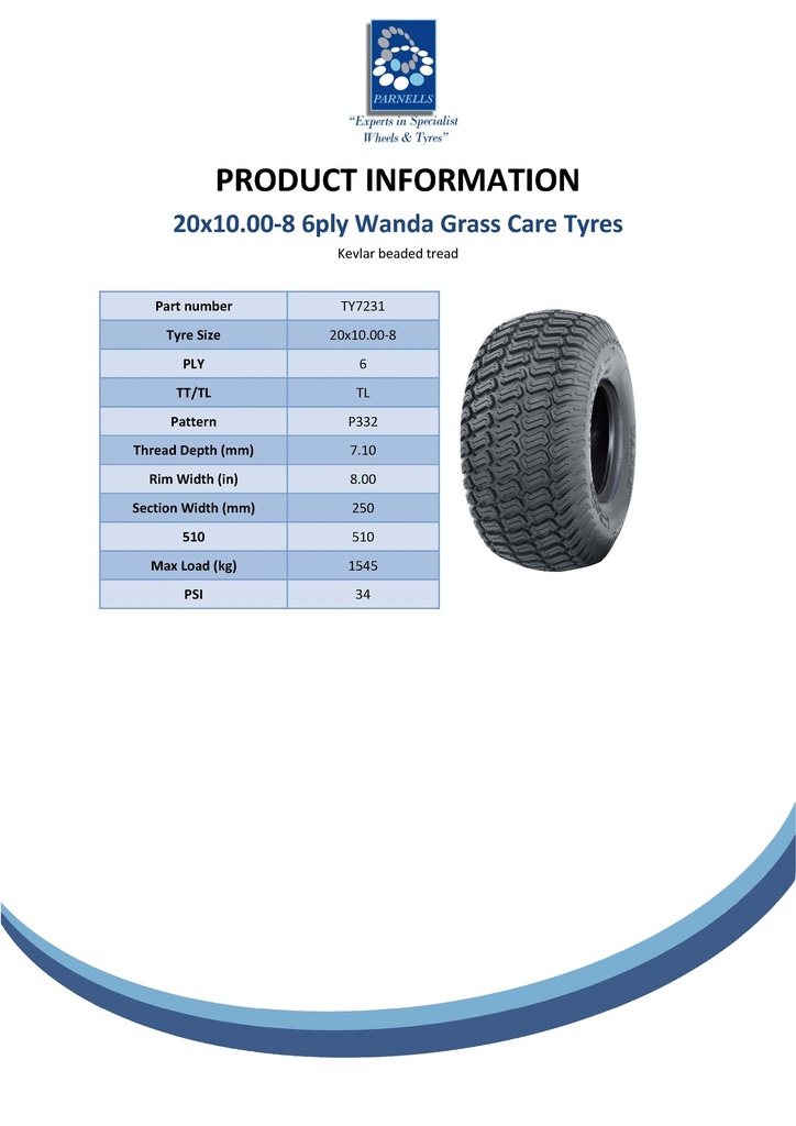 20x10.00-8 6pr Wanda P332 Kevlar grass tyre TL Spec Sheet