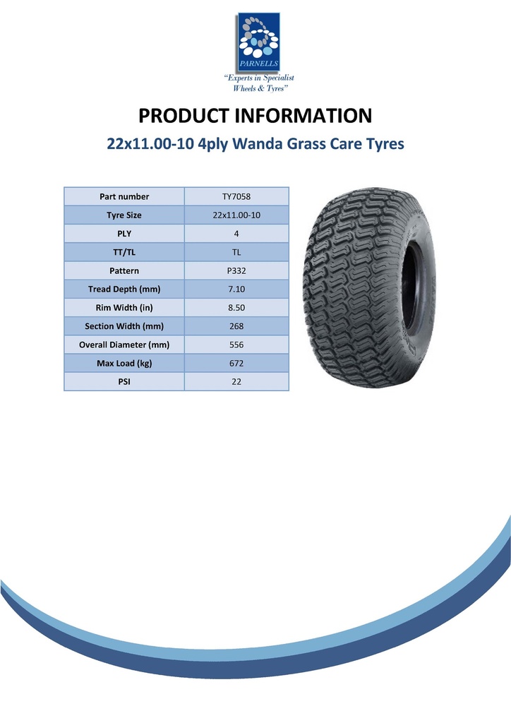 22x11.00-10 4pr Wanda P332 grass tyre TL Spec Sheet