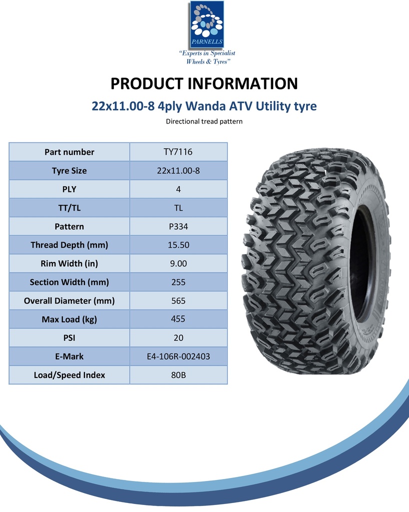 22x11.00-8 4pr Wanda P334 Utility tyre E-marked TL 80B Spec Sheet