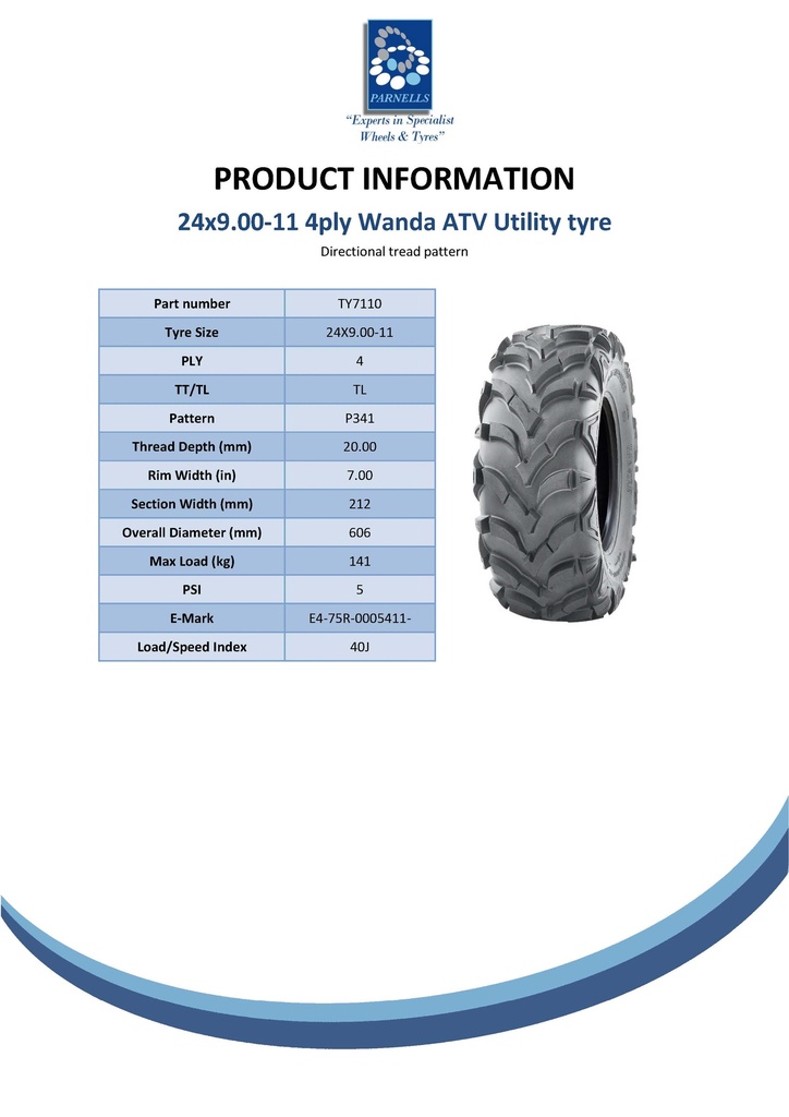 24x9.00-11 4pr Wanda P341 ATV tyre E-marked TL 40J Spec Sheet