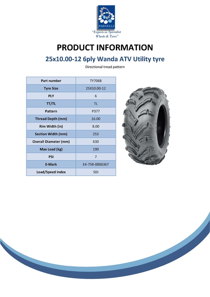 25x10.00-12 6pr Wanda P377 ATV tyre E-marked TL 50J Spec Sheet