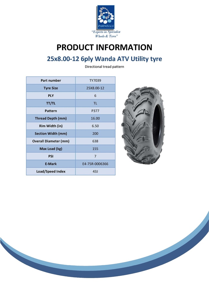 25x8.00-12 6pr Wanda P377 ATV tyre E-marked TL 43J Spec Sheet