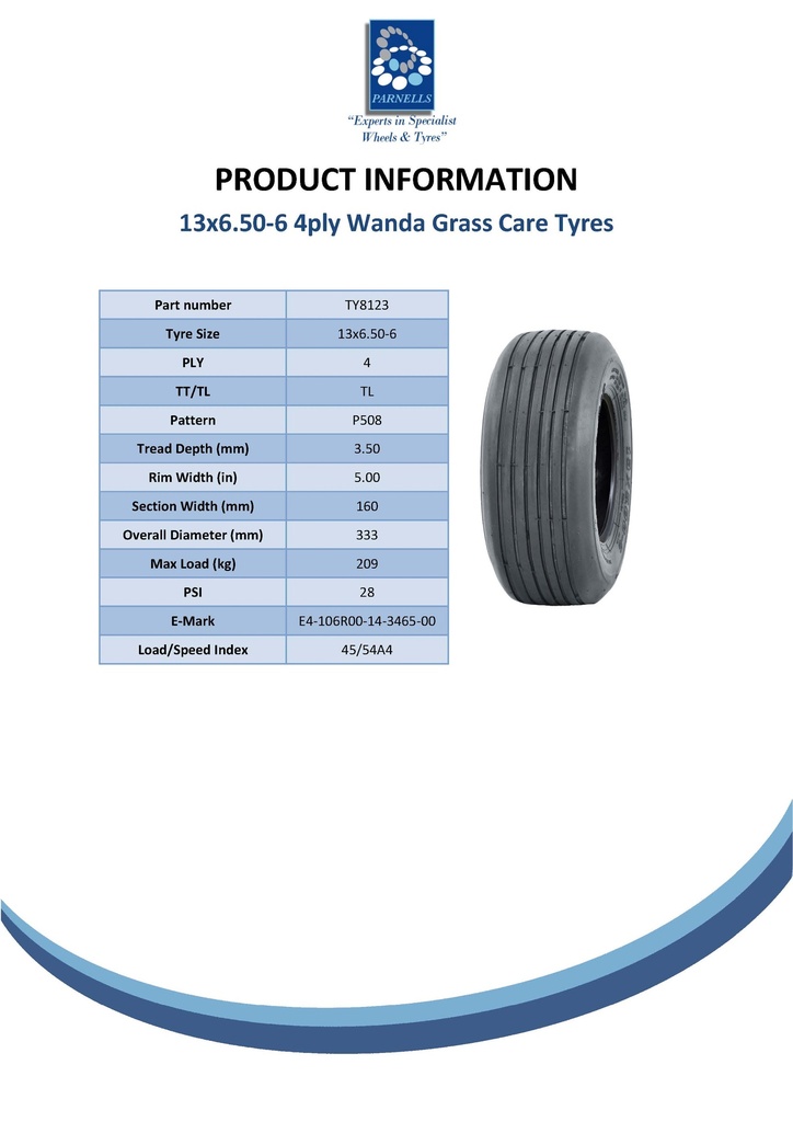 13x6.50-6 4pr Wanda P508 Rib tyre E-marked TL