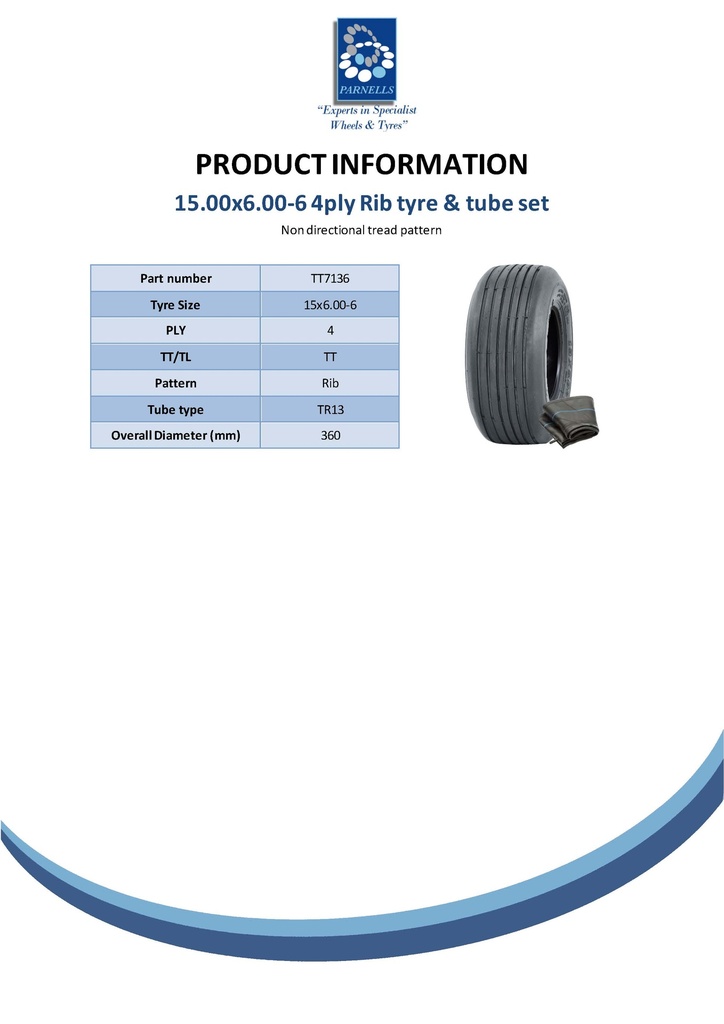 220/50-6 Trelleborg T510 Rib tyre & tube set TR13 Spec Sheet