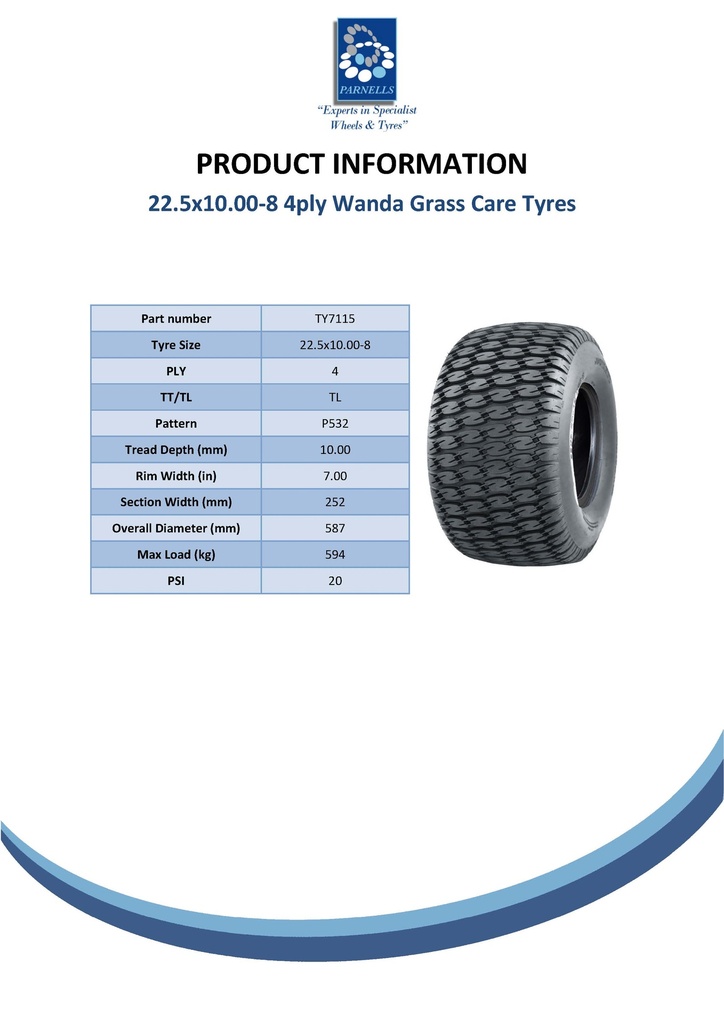 22.5x10.00-8 4pr Wanda P532 grass tyre TL Spec Sheet