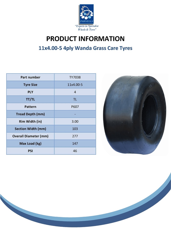 11x4.00-5 4pr Wanda P607 Smooth tyre TL Spec Sheet