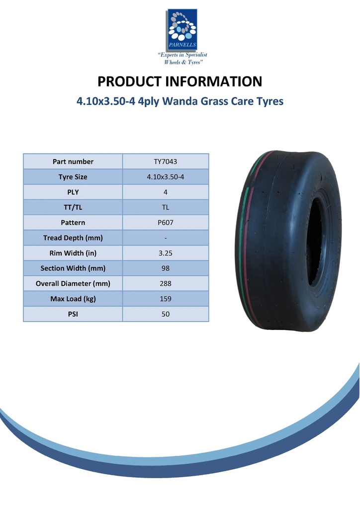 4.10/3.50-4 4pr Wanda P607 smooth tyre TL Spec Sheet