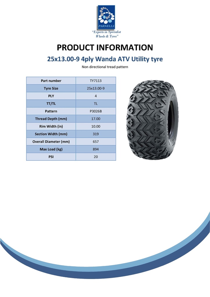 25x13.00-9 4pr Wanda P3026B Utility tyre Spec Sheet