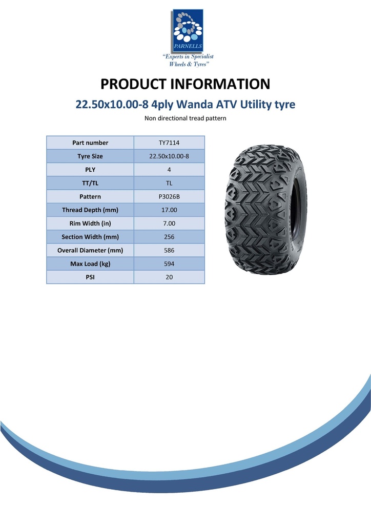 22.5x10.00-8 4pr Wanda P3026B utility tyre Spec Sheet