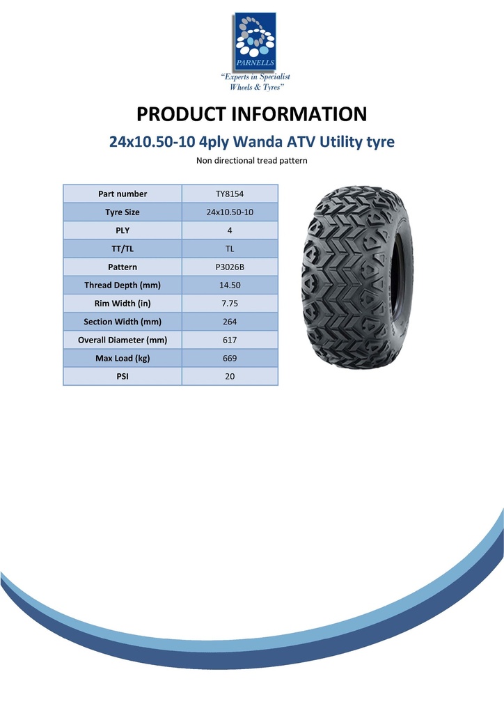 24x10.50-10 4pr Wanda P3026B  utility tyre Spec Sheet