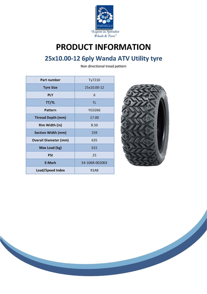 25x10.00-12 6pr Wanda YG3266 utility tyre E-marked TL 91A8 Spec Sheet