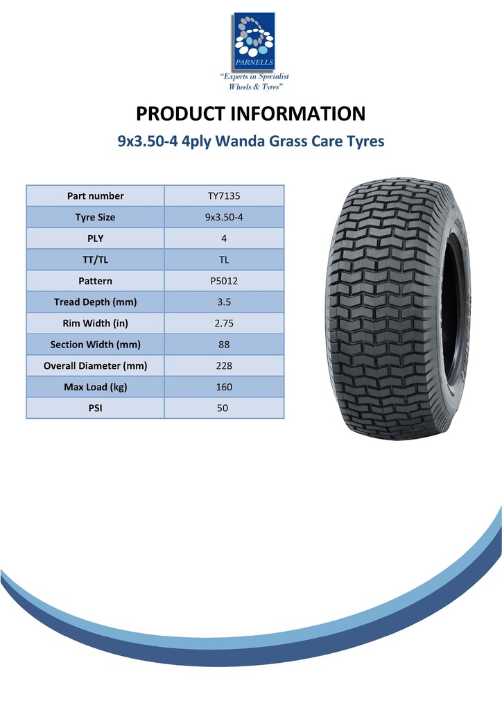 9x3.50-4 4pr Wanda P5012 grass tyre TL Spec Sheet