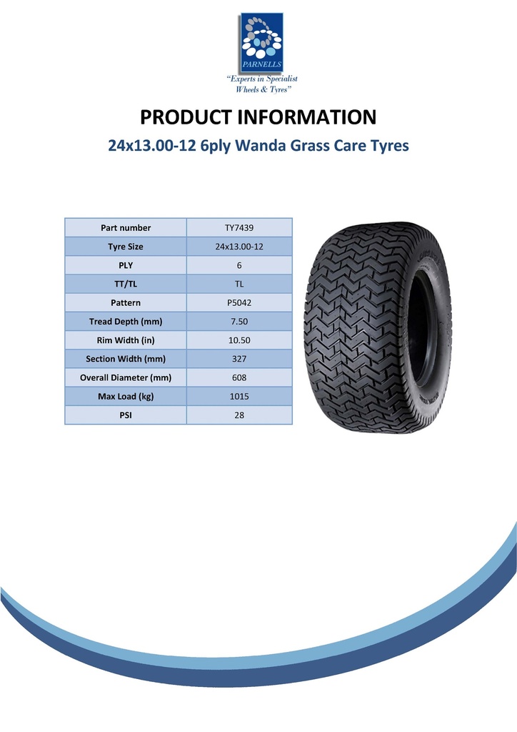 24x13.00-12 6pr Wanda P5042 grass tyre TL Spec Sheet