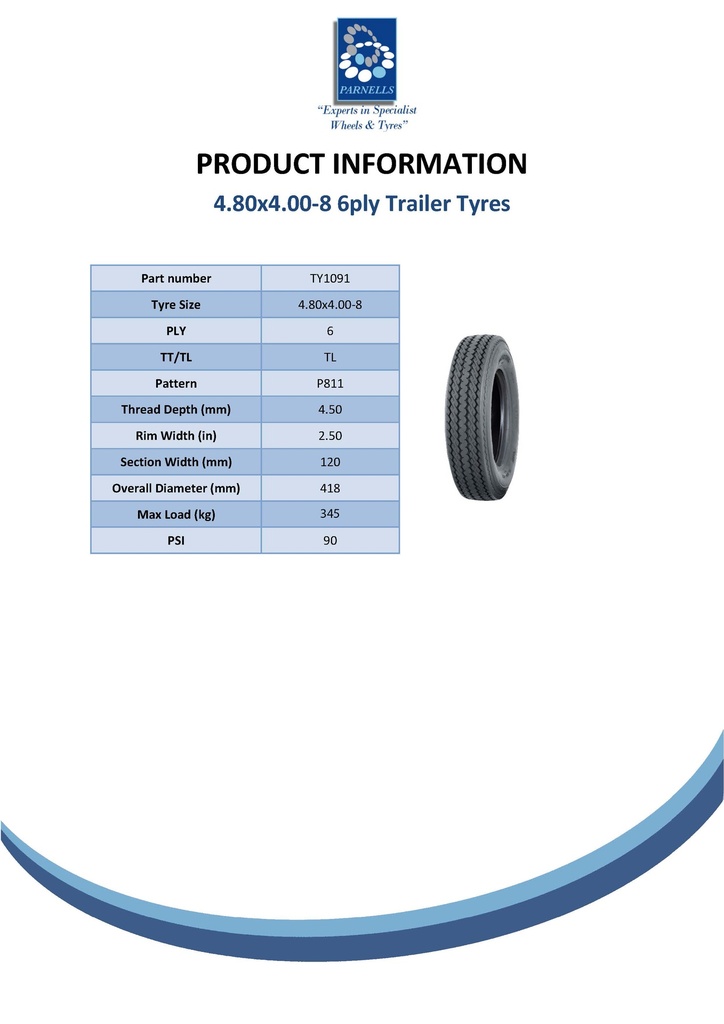 4.80/4.00x8 6pr Wanda P811 high speed trailer tyre TL Spec Sheet