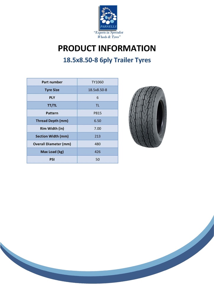 18.5x8.50-8 6pr Wanda P815 high speed trailer tyre TL Spec Sheet