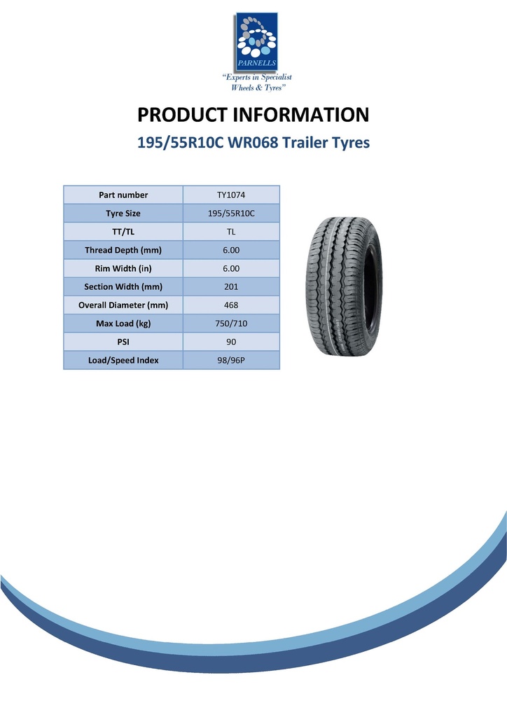195/55R10C Wanda WR068 trailer tyre 98/96P Spec Sheet