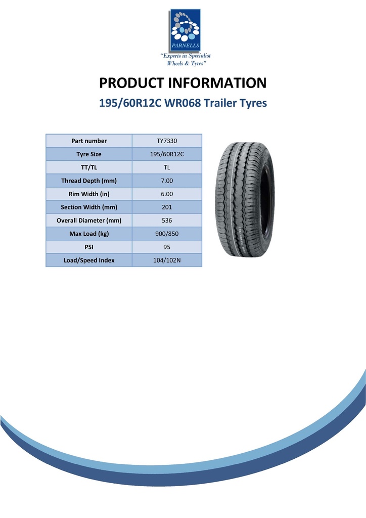 195/60R12C Wanda WR068 trailer tyre 104/102N Spec Sheet