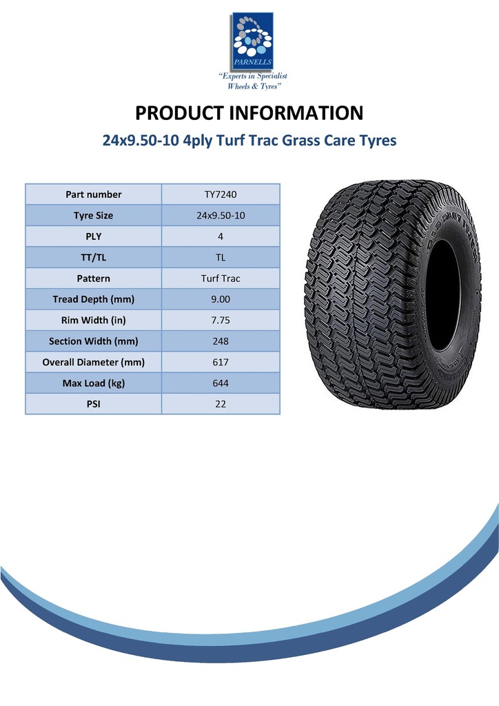 24x9.50-10 (240/75-10) 4pr Carlisle turf trac tyre E-marked TL Spec Sheet