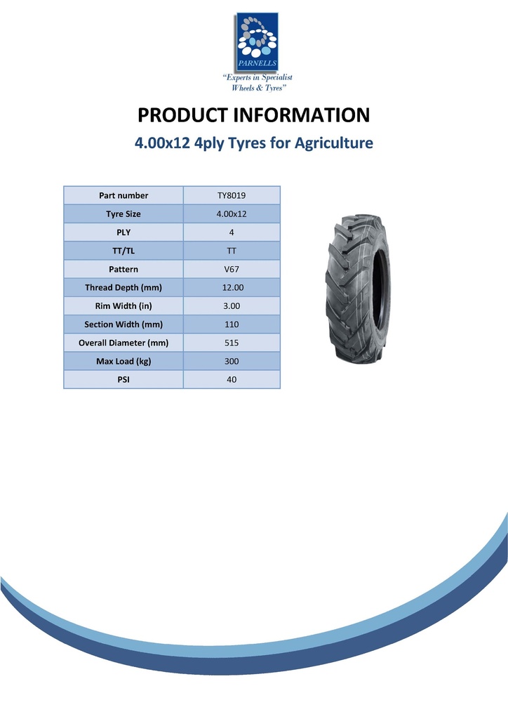 4.00-12 4pr V67 Vredestine open centre tyre TT Spec Sheet