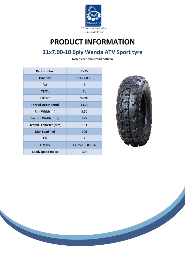 21x7.00-10 6pr Wanda WP01 ATV tyre Spec Sheet
