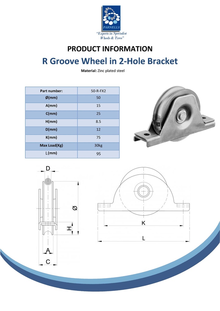 50mm Round groove wheel in 2-hole bracket Spec Sheet