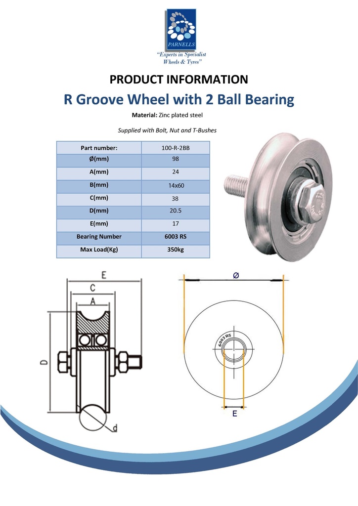 100mm Round groove wheel with 2 ball bearing Spec Sheet