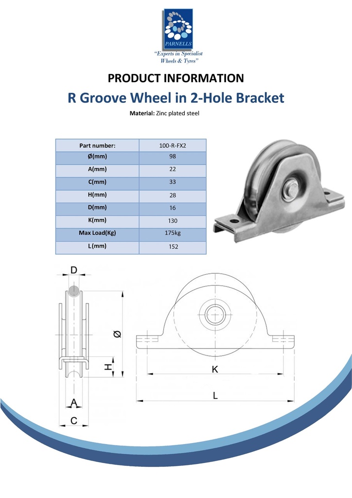 100mm Round groove wheel in 2-hole bracket Spec Sheet