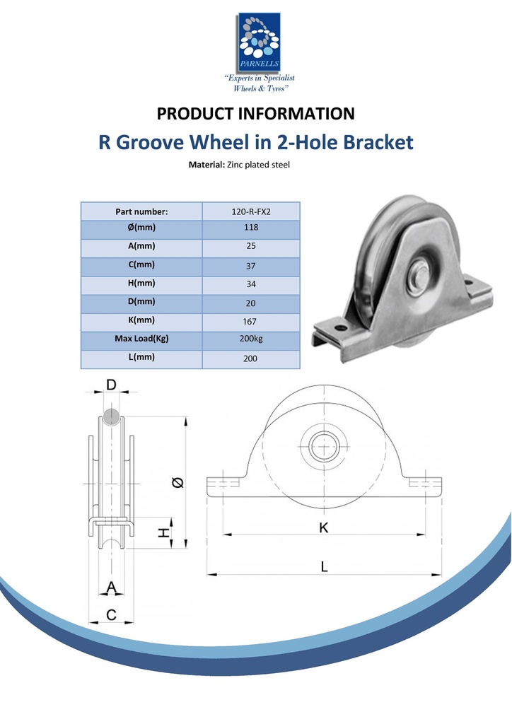120mm Round groove wheel in 2-hole support bracket Spec Sheet