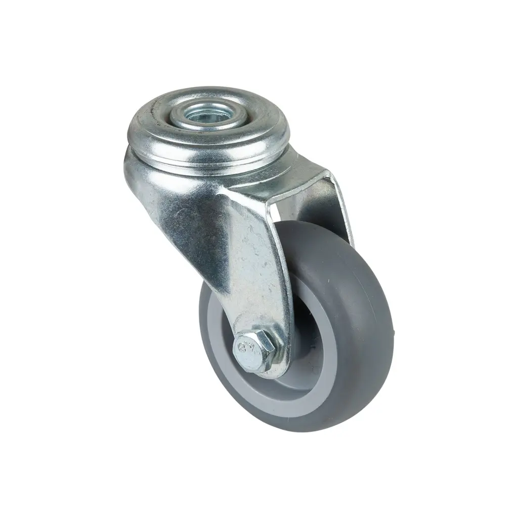 A301.A80.050 50mm swivel bolt hole 10mm castor with grey thermoplastic rubber on polypropylene centre plain bearing wheel 50kg